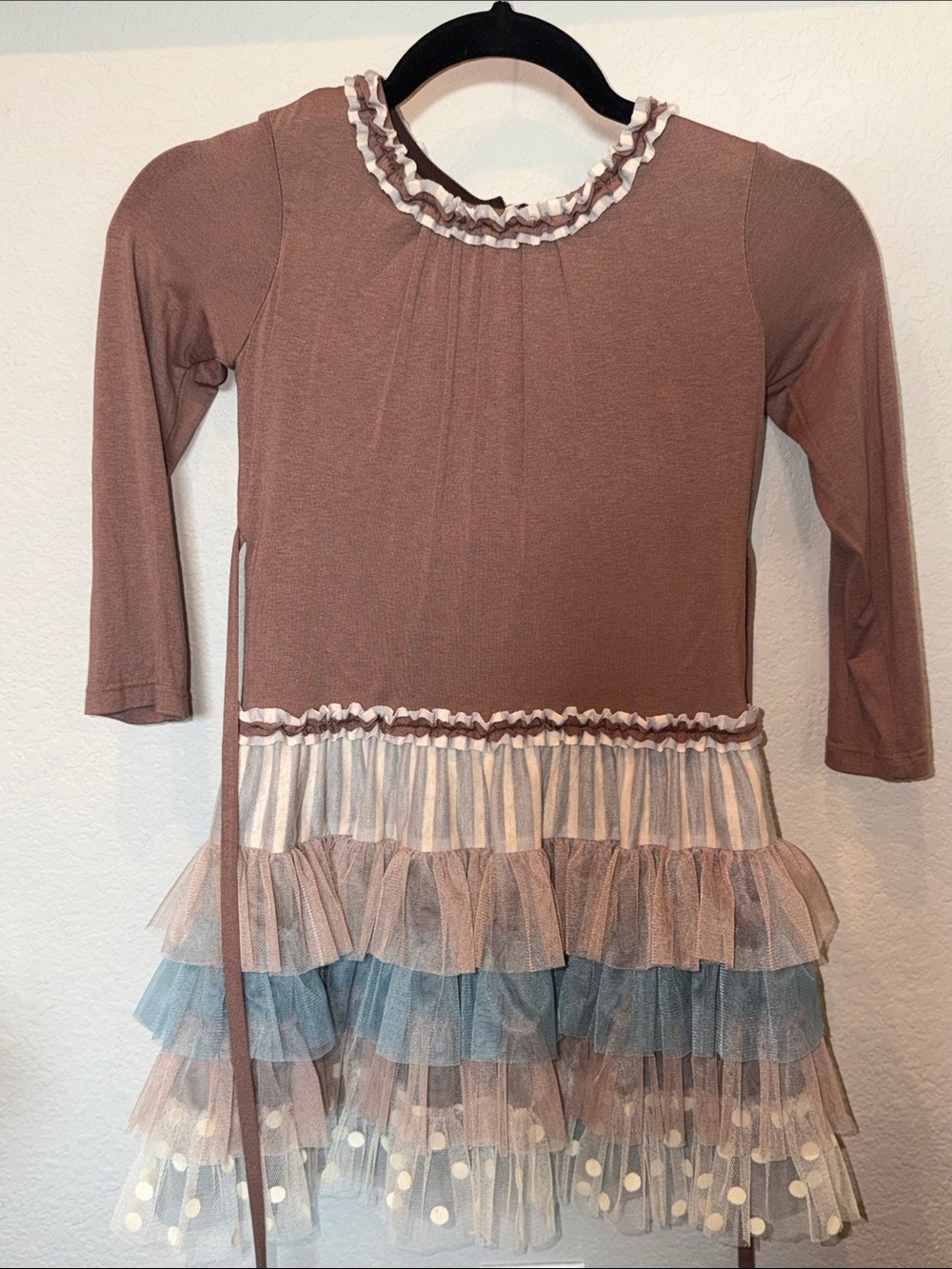 Isobella & Chloe Dusty Rose Long-Sleeve Ruffle Tulle Dress Top